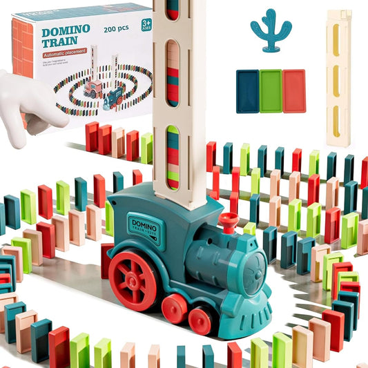 Prinlion Automatic Domino Train Toy, 200 Dominoes for Kids, Creative Domino Blocks Set, Stem Building and Stacking Toys with Sound and Light, Blue, 200 Dominoes