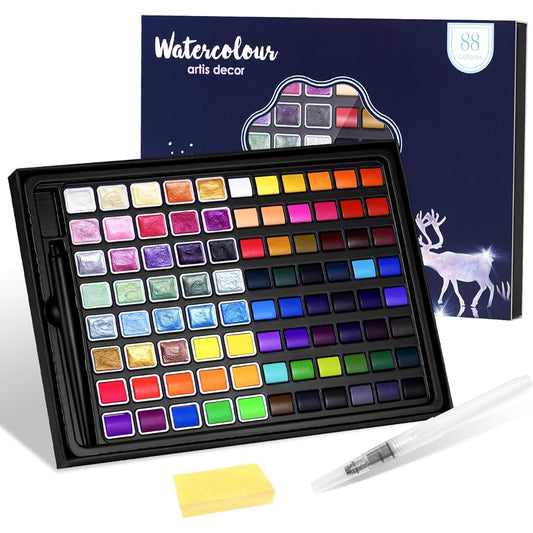 LIGHTWISH Watercolor Paint Set – 88 Colors Watercolor Paint Set Watercolor Painting Kit with Water Brush Pen for Kids Adults Artists Students 12 Fluorescent Colors and 28 Metallic Glitter Colors, 000851