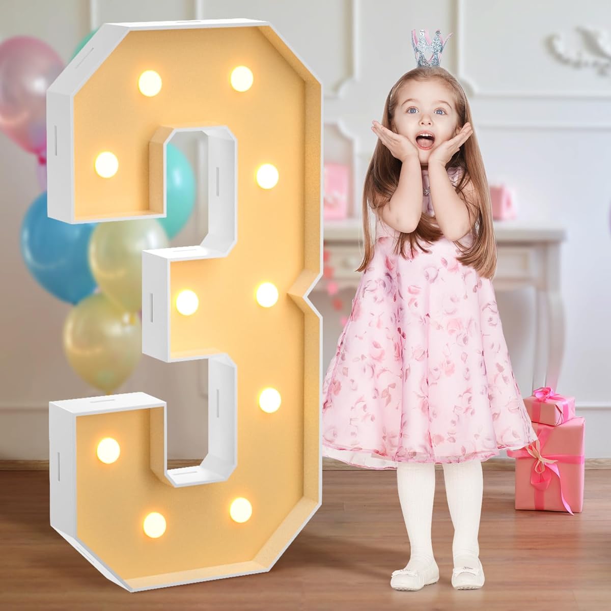 TROERBVY 4ft Marquee Light Up Numbers [Quick Assembly] Large Marquee Numbers 3/30th Birthday Decorations Giant Mosaic Numbers Balloon Frame for Party Wedding Anniversary Decorations Number 3