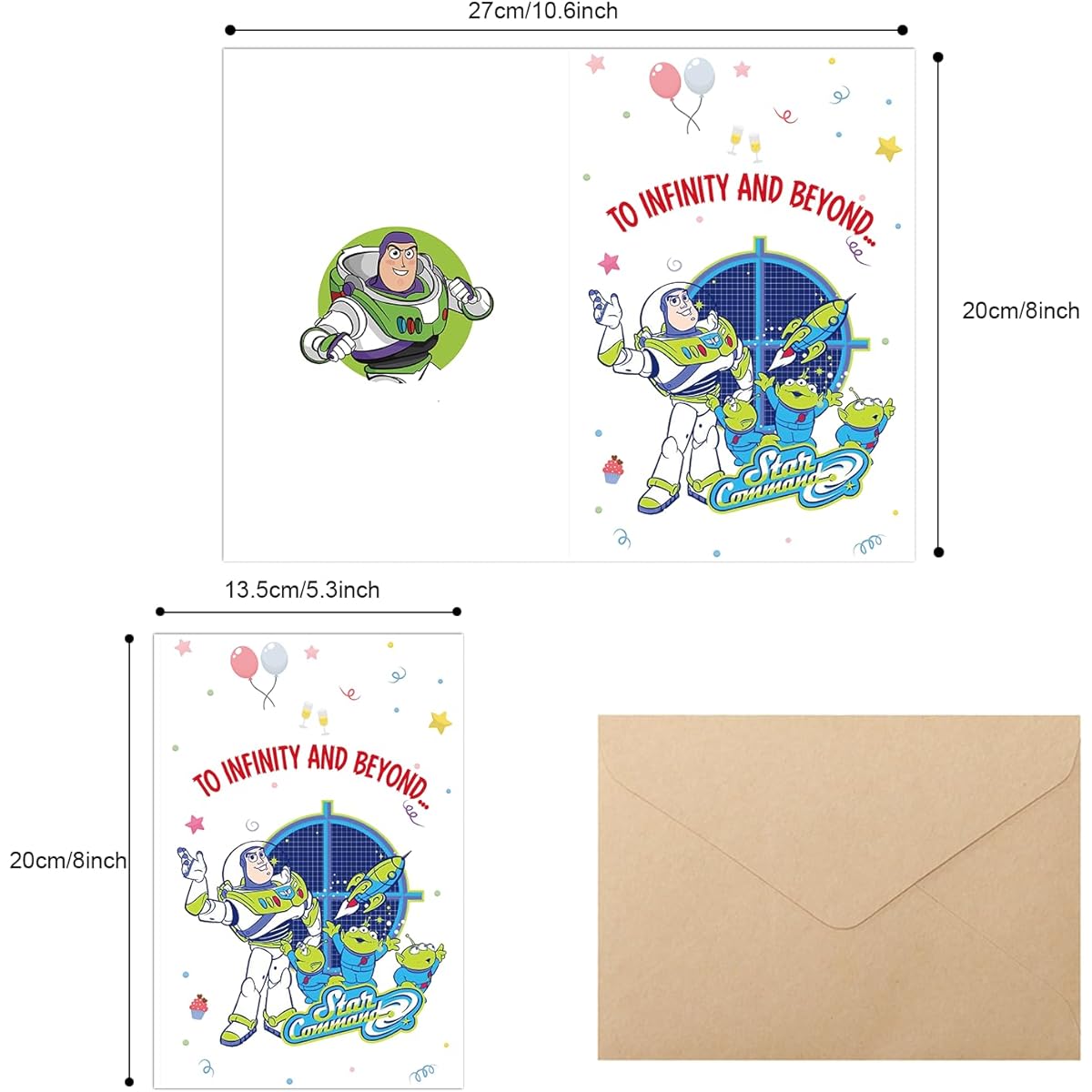 merior Buzz and Woody Birthday Greeting Cards, Cartoon Greeting Cards Invitations 5 Pack with Envelopes, Blank Inside for Kids Boys Girls 8 x 5.3 Inches (20 x 13.5 cm) (Say Hello)