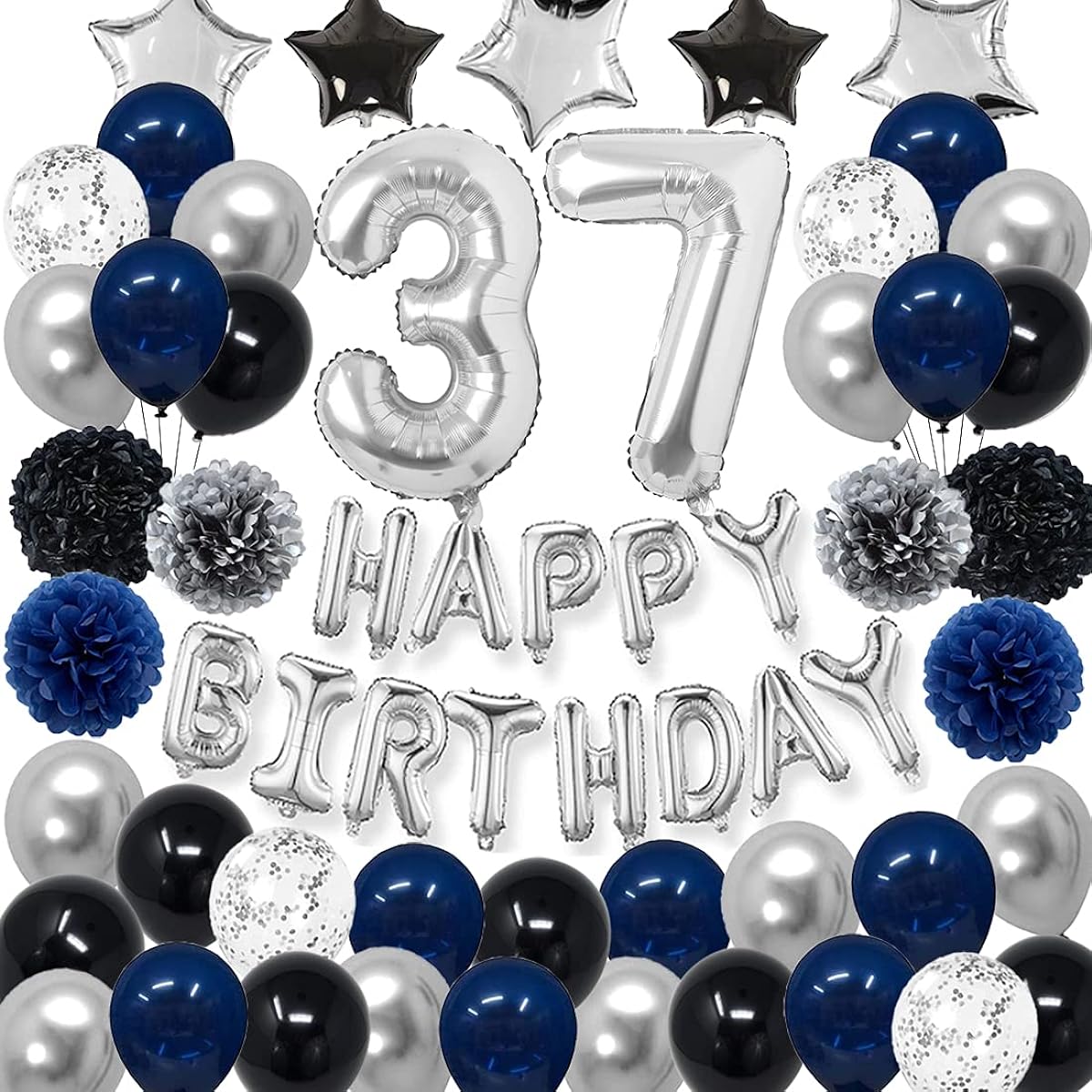RBYOO 37 Years Old Blue Birthday Decorations for Men Boys Women Girls Navy Blue Black Silver Happy Birthday Party Supplies with Pom Poms Flower Confetti Balloons 37 Foil Number Balloons Happy Birthday Banner
