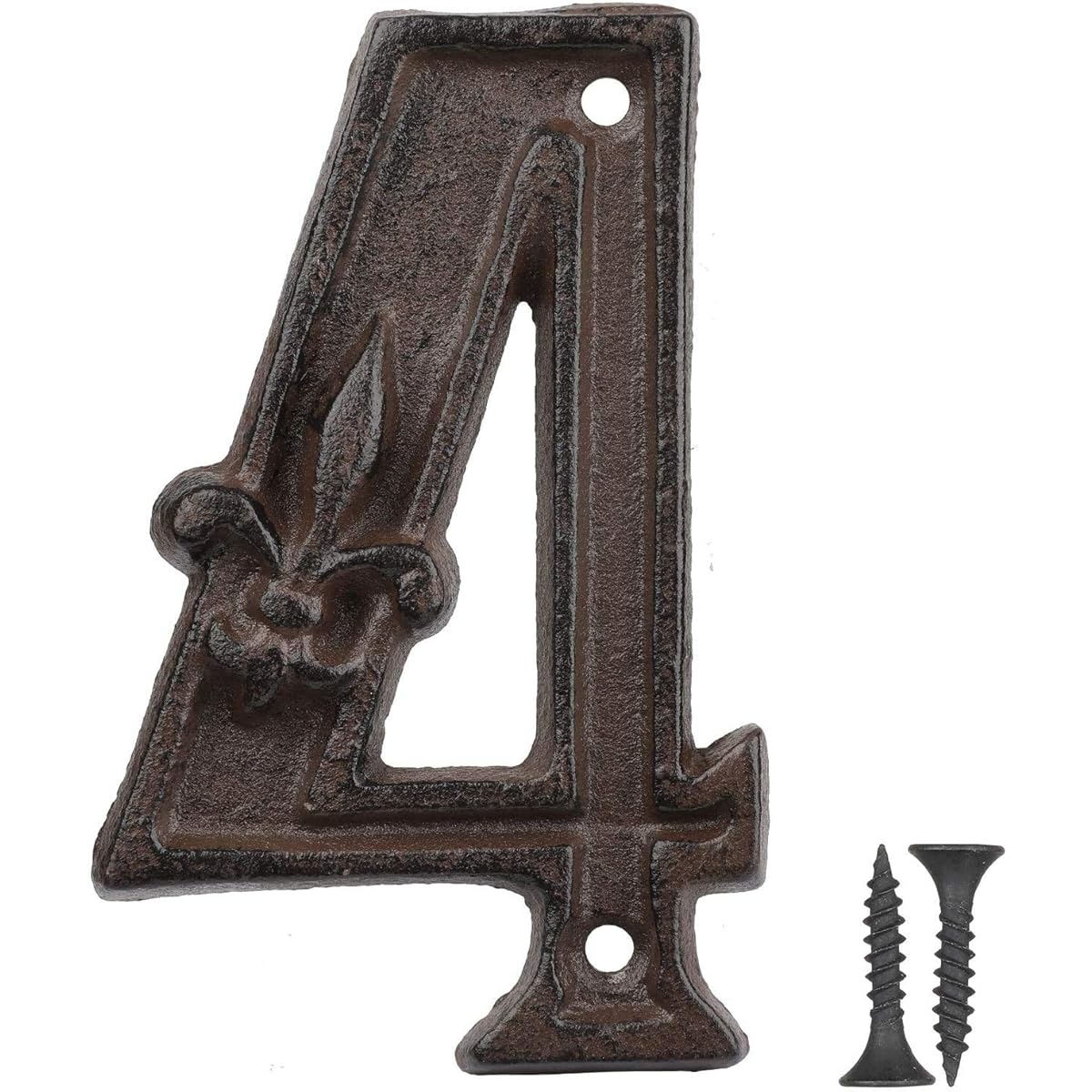 Vandicka Wrought iron numbers to indicate the numbering of houses, doors and streets, antique brown color, rust finish with fleur-de-lis print, 12 cm, 4