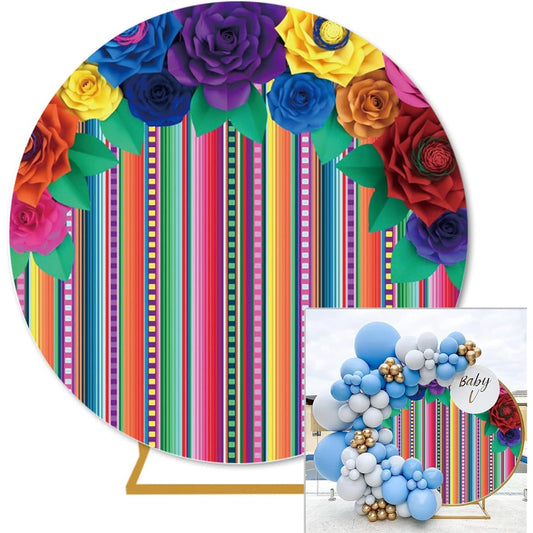 6.5ft (2m) Mexican Theme Round Backdrop Cover Polyester Colorful Paper Flowers Fiesta Circle Backdrop Cinco de Mayo Round Background Party Decorations Cake Table Decor Photo Booth Props