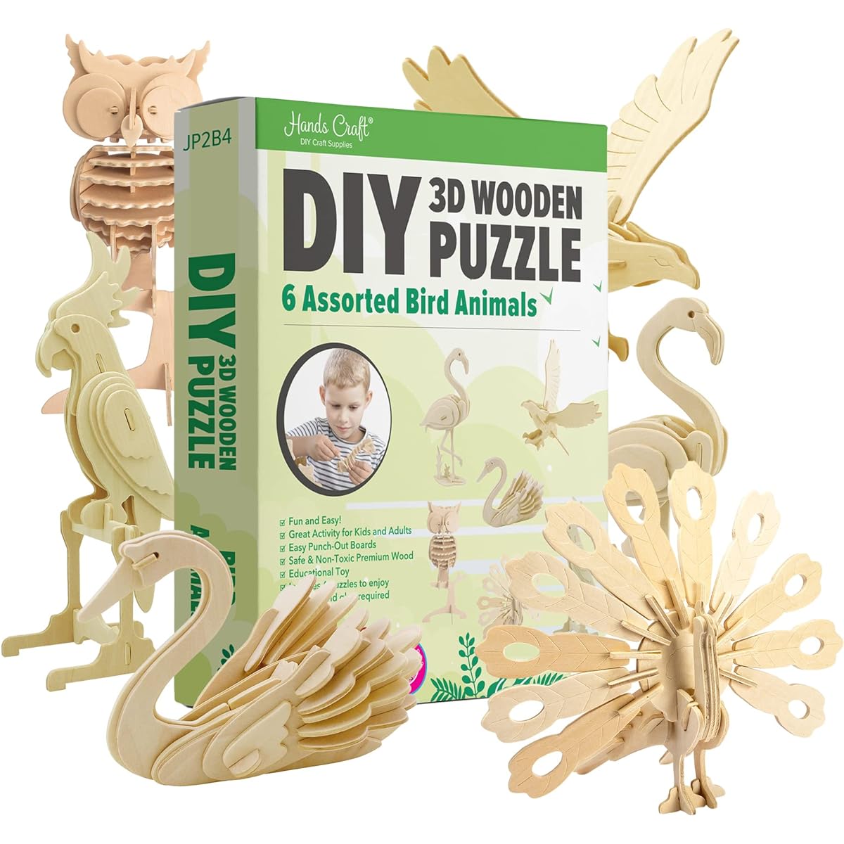 Hands Craft DIY 3D Wooden Puzzle - Set of 6 Assorted Birds Animals Bundle Pack Brain Teaser Puzzle Educational STEM Toys Safe Non-Toxic Easy Punch-Out Premium Wood for Adults and Kids to Assemble JP2B4