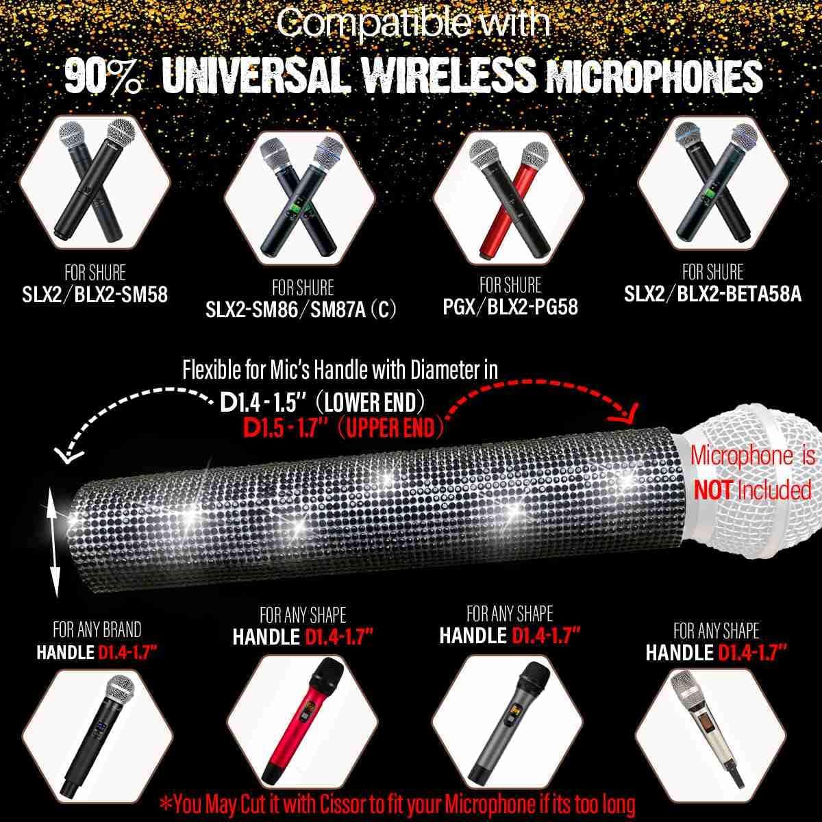 RK Microphone Handle Sleeve Cover Protector with Crystal Diamond Wrap - Sparkling Black