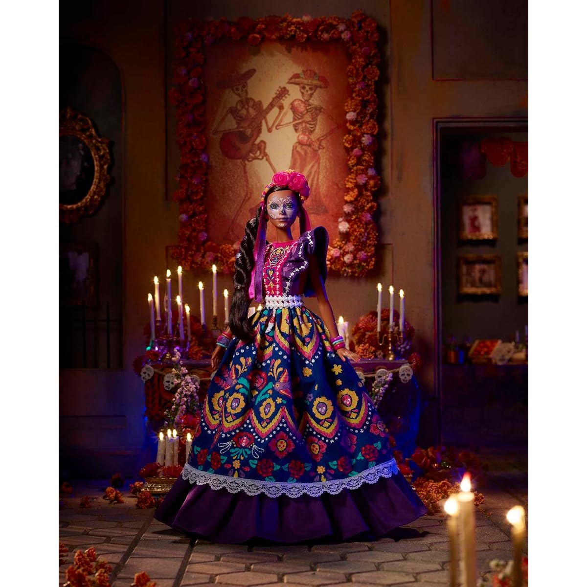 Barbie 2022 Día De Muertos Doll Wearing Traditional Ruffled Dress, Flower Crown & Calavera Face Paint, Gift for Collectors