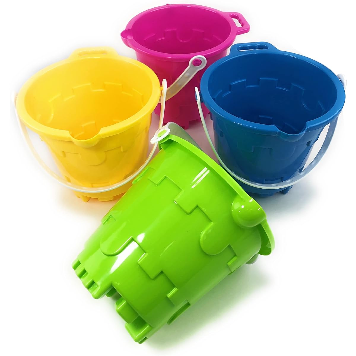 Matty's Toy Stop Beach Gear 7" Plastic Castle Sand Buckets (Paillets) with Easy Pour Spout and Handles - Blue, Pink, Green, Yellow - Party Set Bundle - 4 Pack