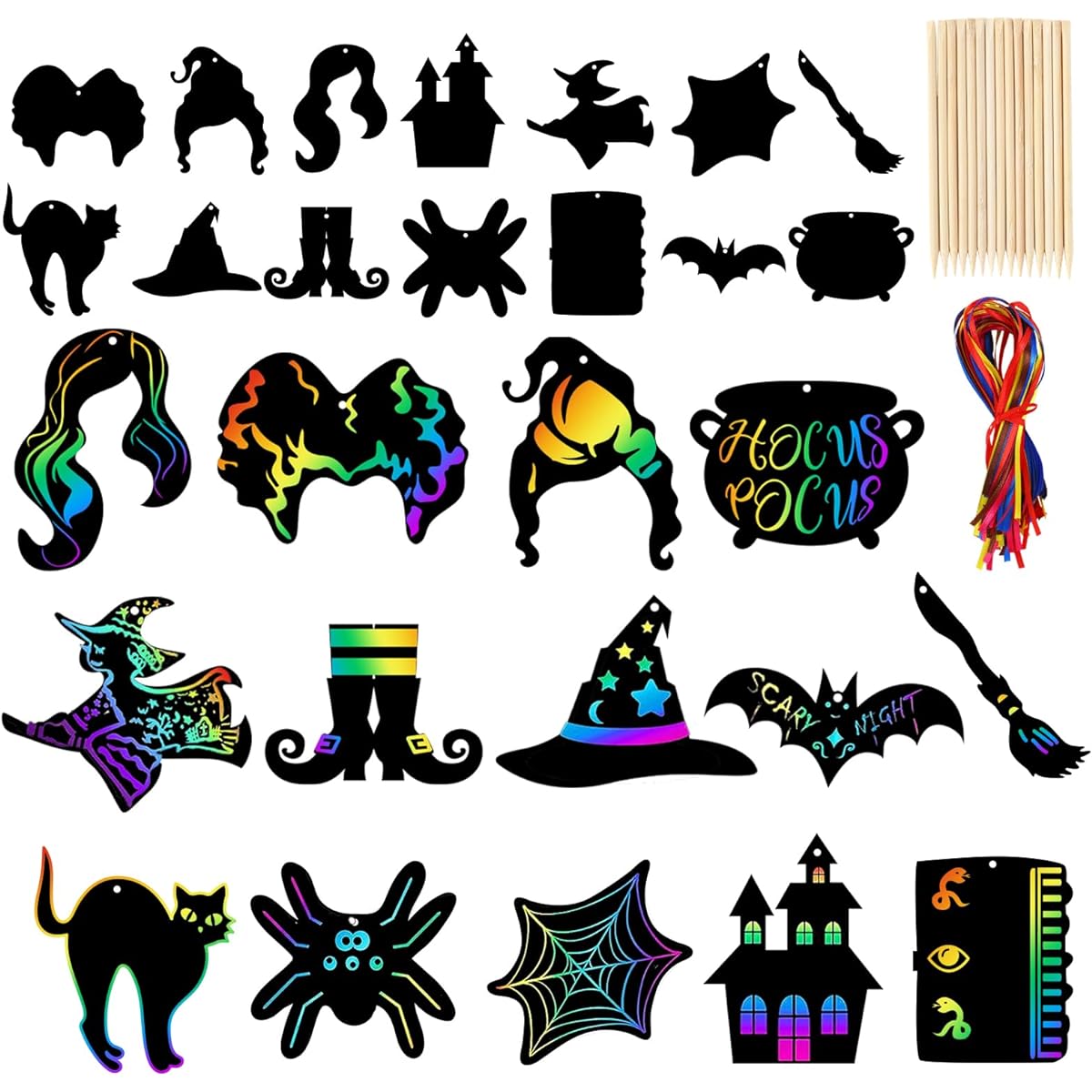 Whaline 112 Pieces Hocus Pocus Witch Scratch Paper Art Halloween Rainbow Scratch Art Set with Magic Scratch Paper Off Cards, 112 Ribbons, 56 Wooden Stylus and Craft Ornaments for Party Games
