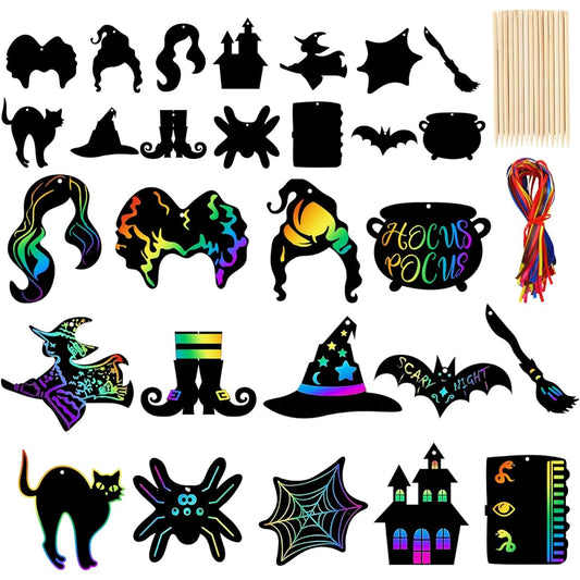 Whaline 112 Pieces Hocus Pocus Witch Scratch Paper Art Halloween Rainbow Scratch Art Set with Magic Scratch Paper Off Cards, 112 Ribbons, 56 Wooden Stylus and Craft Ornaments for Party Games