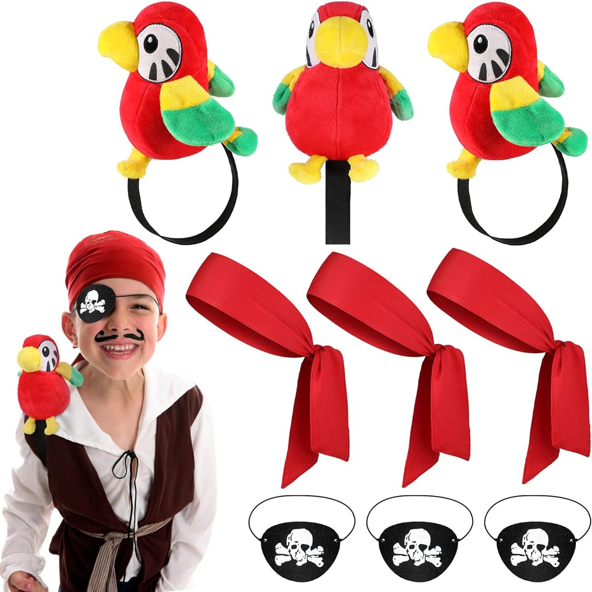 3 Sets Halloween Pirate Party Supplies, 3pcs Red Pirate Head Bandana, 3pcs Felt Pirate Eye Cover, 3pcs Stuffed Parrot on Shoulder, Pirate Costume Accessories, Halloween Costume Props