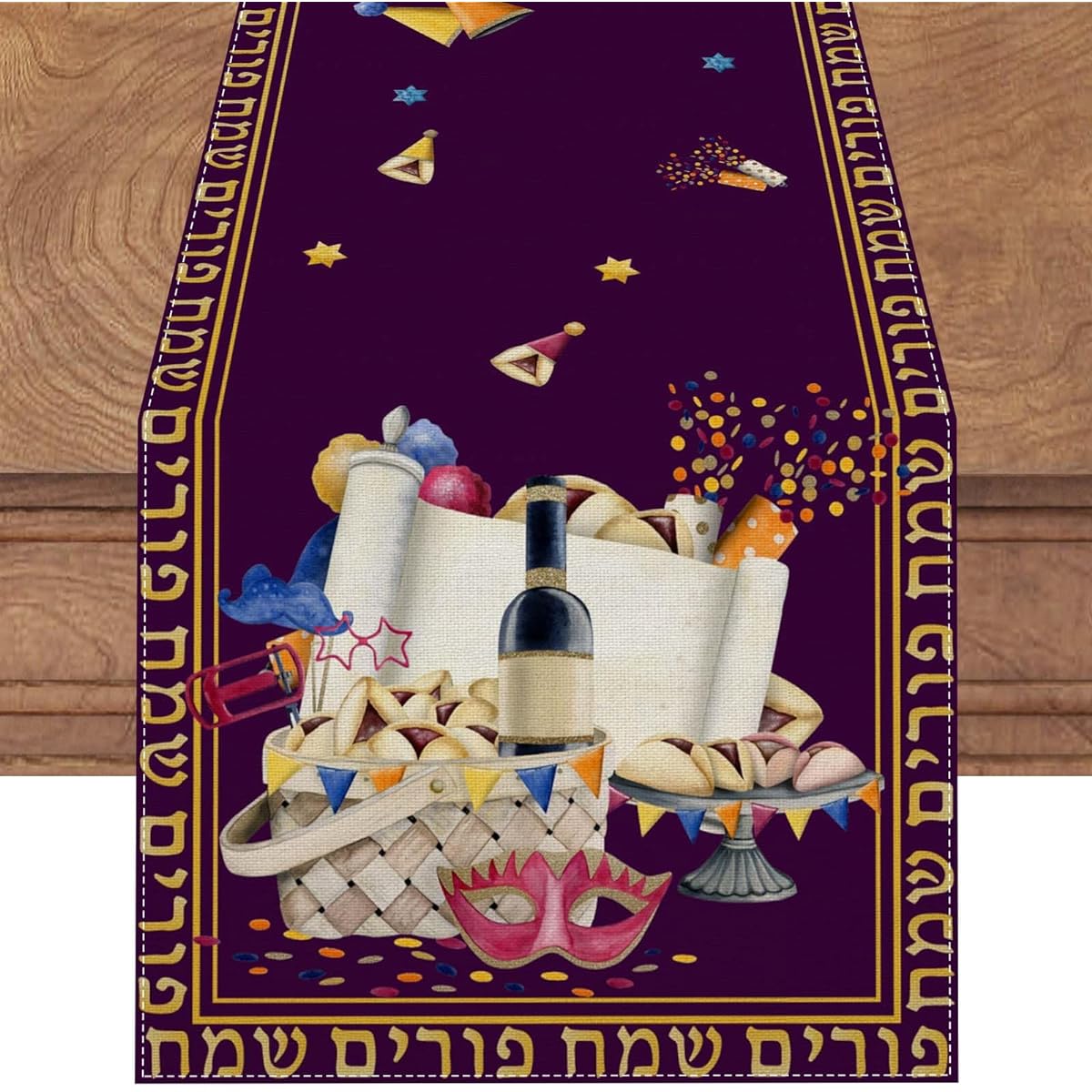Linen Purple Purim Table Runner 72" Long Purim Tablecloth Jewish Purim Mask Grogars Home Kitchen Dining Room Table Decorations