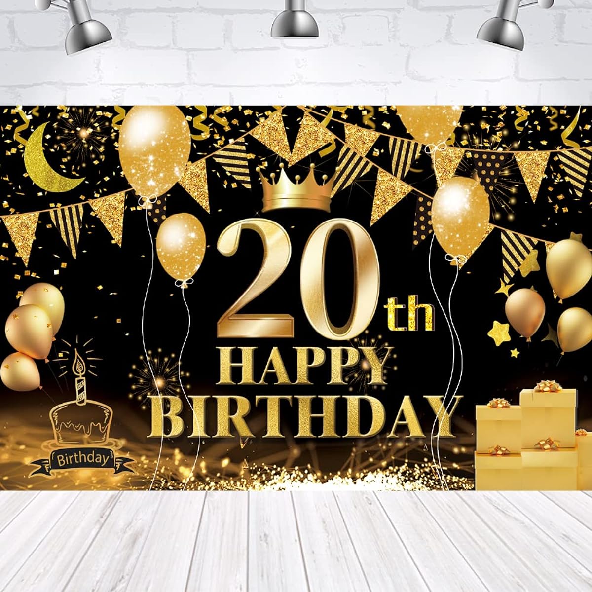 Happy 20th Birthday Backdrop Banner Black Gold 20th Sign Poster 20th Birthday Party Supplies Anniversary Photo Booth Photo Backdrop Birthday Party Decoration 72.8 x 43.3 inches