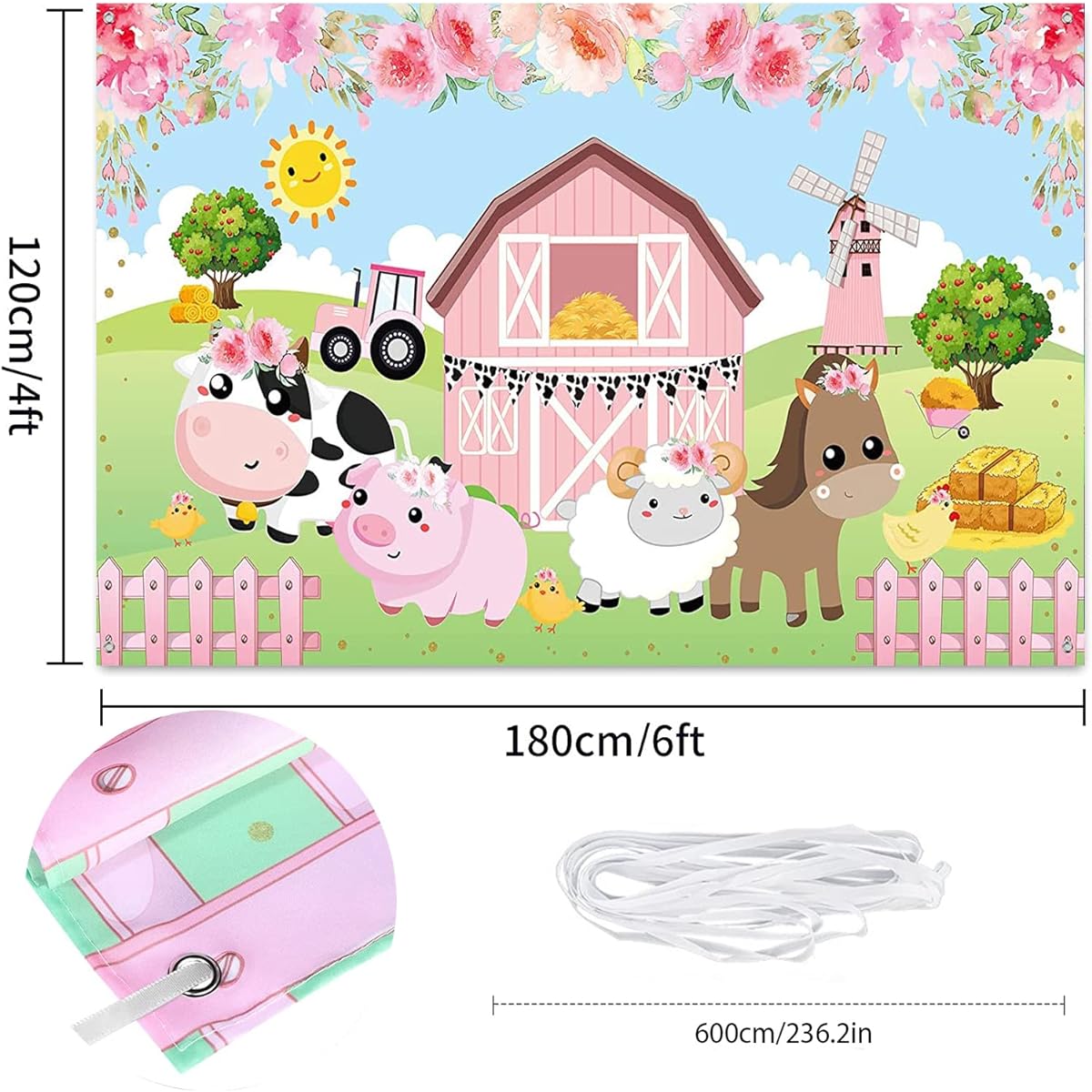 Farm Animals Party Decorations Supplies Pink Flowers Barn Backdrop Banner for Kids Birthday Party Supplies Photo Background Photo Booth Banner 72.8 x 43.3 Inch