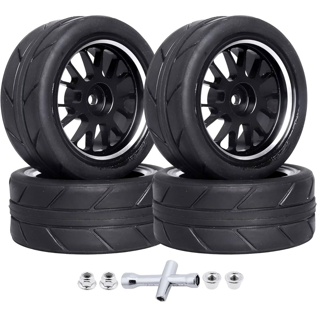 AllinRC Glued-down Aluminum 12mm Hex RC Wheels and Tires OD 2.55" for 1/10 On-Road Touring Car RC Drift Car Set of 4 (Edition C)