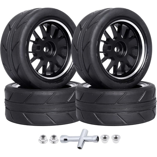 AllinRC Glued-down Aluminum 12mm Hex RC Wheels and Tires OD 2.55" for 1/10 On-Road Touring Car RC Drift Car Set of 4 (Edition C)