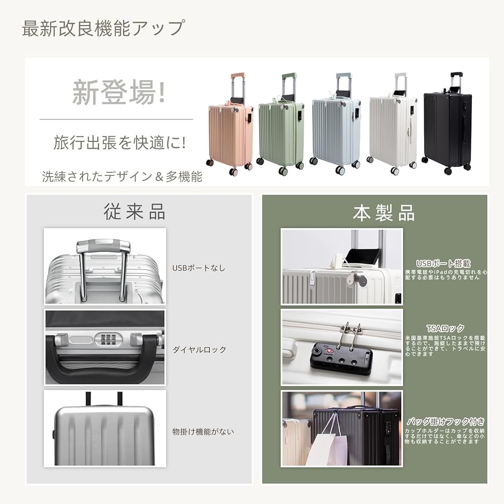 [Rate Travel] Suitcase, Carry Case, Carry Bag, Carry-on, TSA Lock, USB Port Charging Function, Includes Cup Holder, Luggage Hook, Small Size, S Size 40L, 2 Nights and 3 Days, Ultra Light, Quiet, Hard, 360 Degree Rotation, For School Trips, Overseas Trave