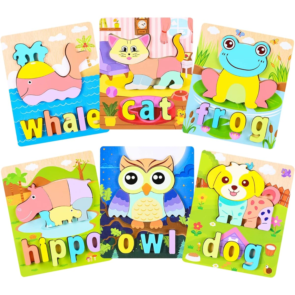 LMC Products Wooden Puzzles for Kids 6 Pack Animal Edition Wooden Toddler Puzzles with Words Kids Puzzles for Boys & Girls Montessori Toys for Toddlers