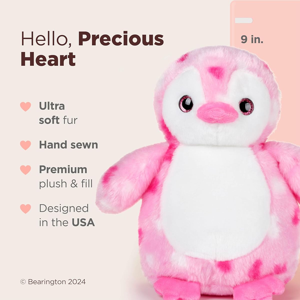 Bearington Precious Heart Pink Stuffed Penguin Plush Toy 9"