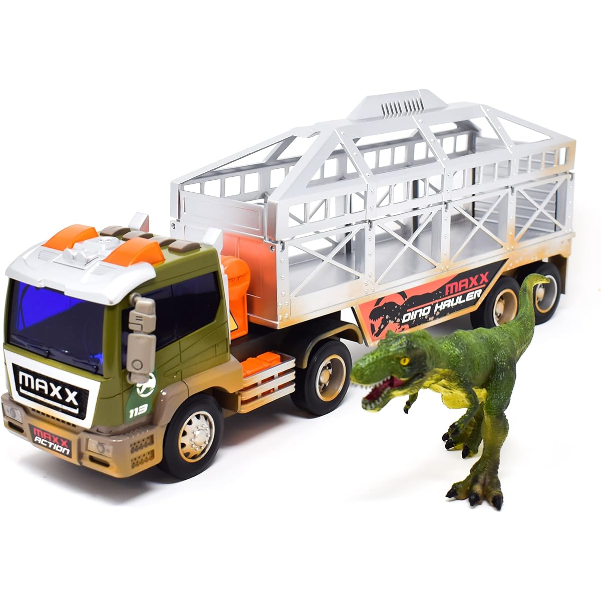 Sunny Days Entertainment Maxx Action Long Distance Dinosaur Transport Truck & Trailer 3 Piece Vehicle Toy for Kids with Lights, Sounds and Friction Motors