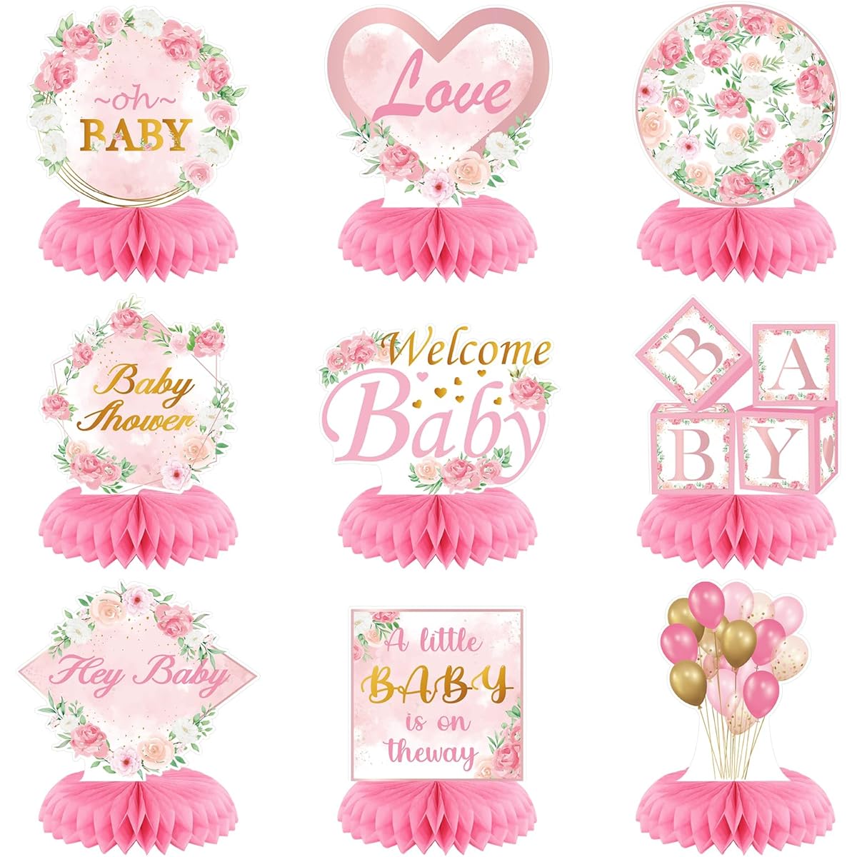 Weecent 9pcs Pink Rose Gold Baby Shower Honeycomb Centerpieces Floral Baby Shower Party Table Centerpieces Oh Baby Party Decorations Baby Girl Boy Birthday Party Table Toppers Party Supplies