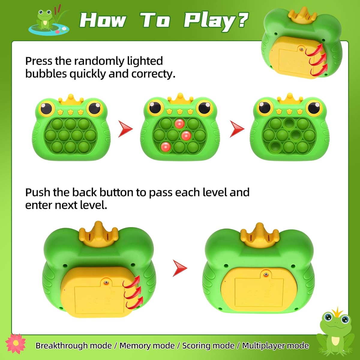 Anpole Pop Fidget Toys Quick Push Game for Kids Adults Handheld Game Fast Puzzle Game Machine Push Bubble Stress Relief Toys Party Favors Toys Kids Gifts (Green Frog)
