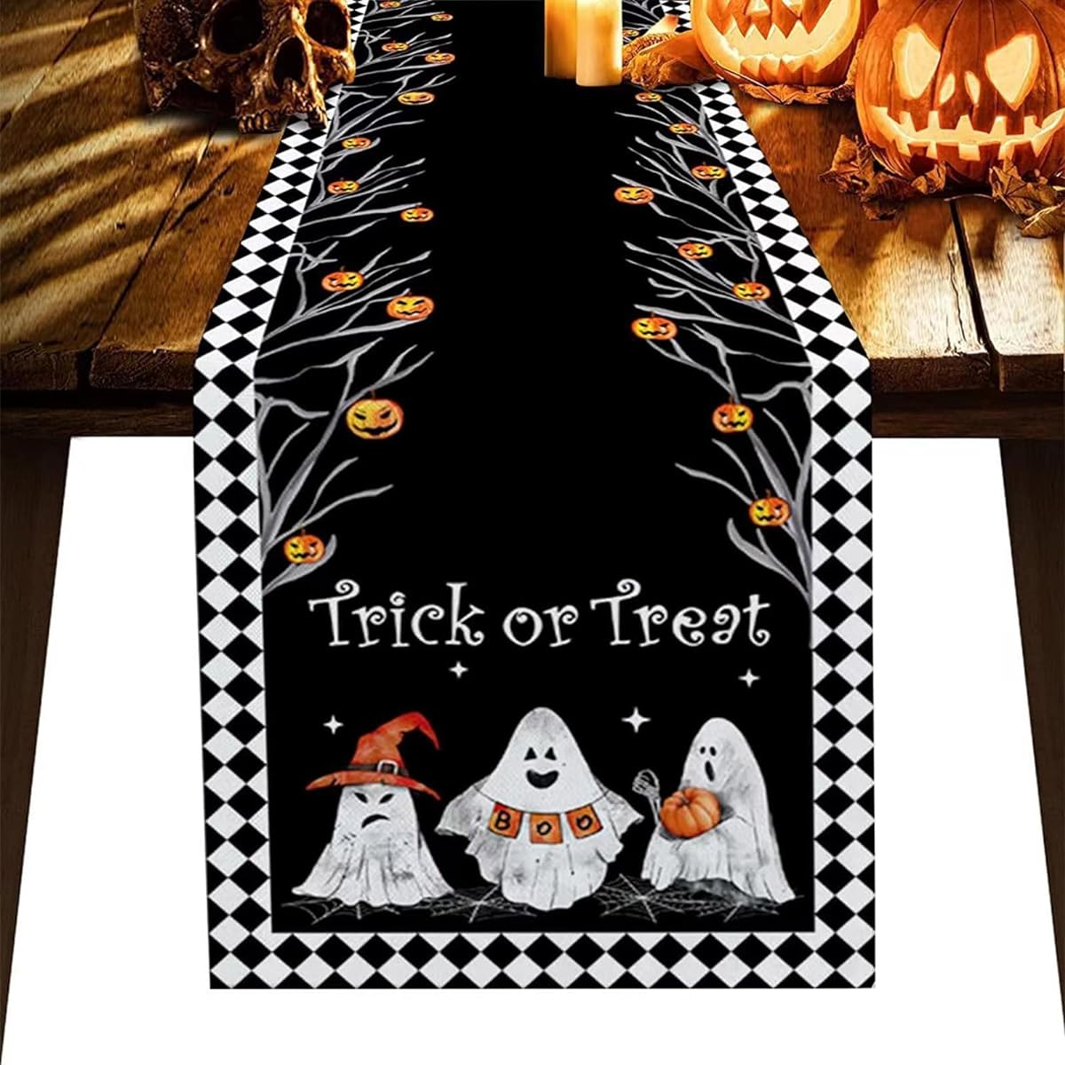 Happy Halloween Table Runner 72" Long Black Ghost Pumpkin Burlap Table Runner Holiday Kitchen Dining Trick or Treat Party Decorations