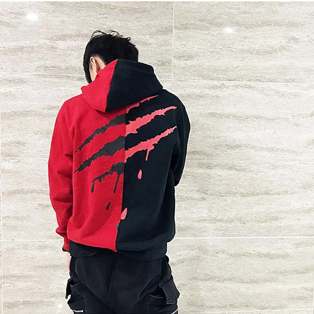 [HISITOSA] Men's Parka, Long Sleeve, Autumn Clothes, Thick, Brushed Lining, Winter Clothes, Men's Sweatshirt, Cotton, Pullover, Hoodie, Spring (M, Black + Red (Fleece lining))