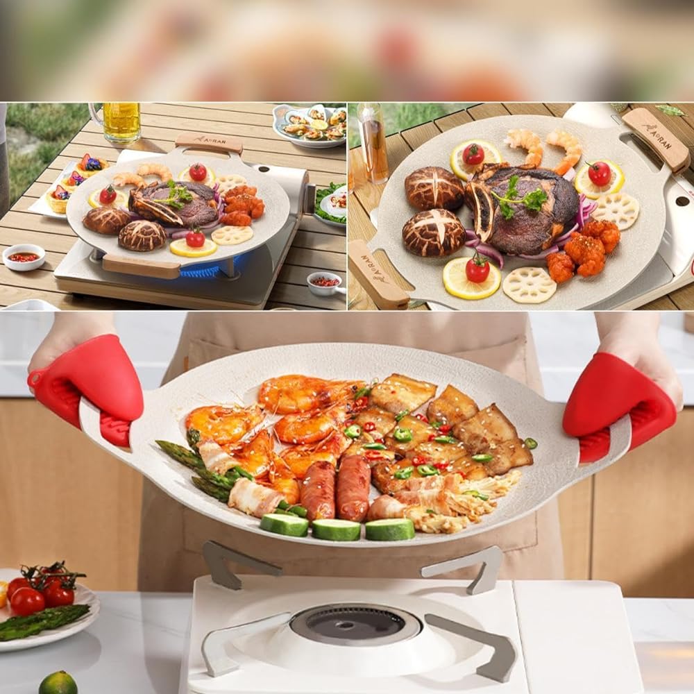 Iron Plate Multi Griddle Compatible with IH/Gas/Open Fire, Diameter 30/33/36CM, No Seasoning Required, Non-stick, Solo Camping, Yakiniku Plate, Outdoor Camping Griddle Pan, Fluorine Coating, Lightweight BBQ Equipment (3 Piece BBQ Tool Set + Oil Rack + Wo