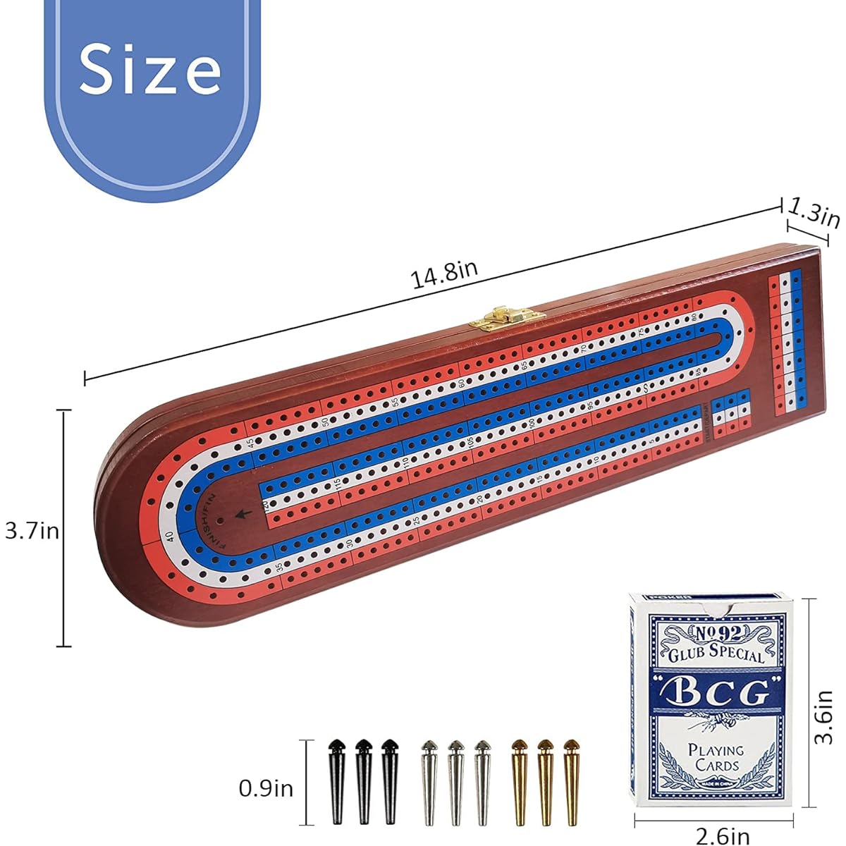 TUAHOO Cribbage Board Game Set | Traditional Wooden Board Game | Table Game for Kids Adults Family Party - 9 Metal Pegs, Playing Card Deck, 3 Tracks in a Row Board