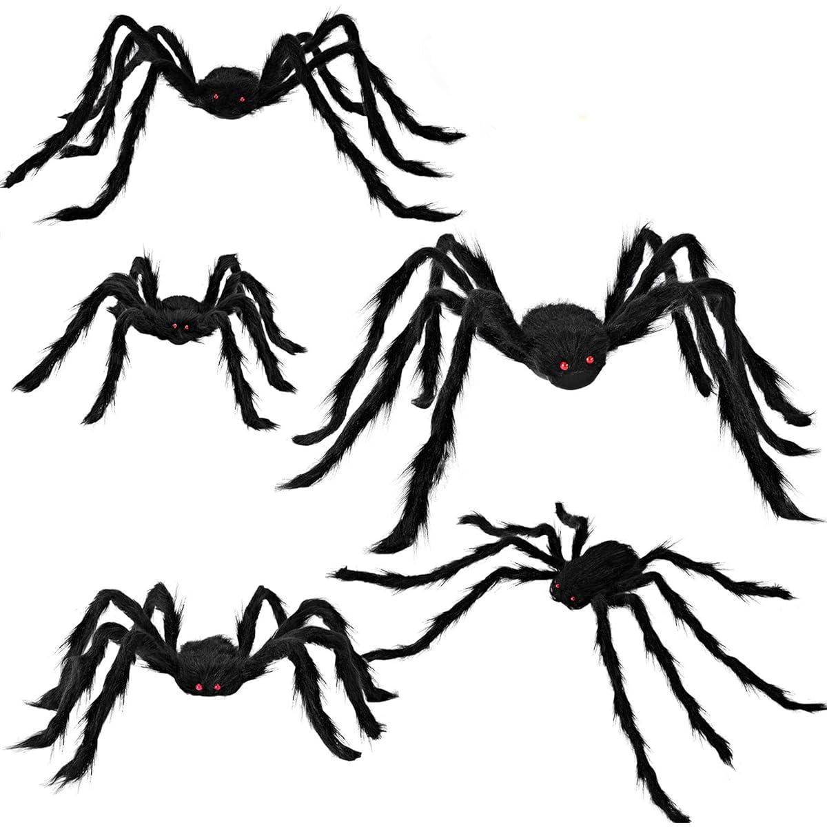 Halloween 5-Pack Black Hair Spiders (47", 35", 30", 24")
