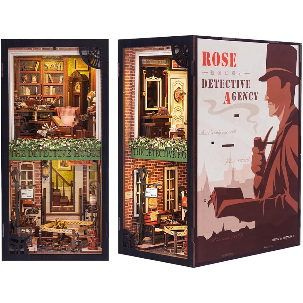 Fsolis Detective Agency DIY Booknook Handmade Wooden Puzzle Interior Figurine Housewarming Gift Creative Bookstand Booknook Bookshelf Decoration for Beginners Dustproof Sheet Included (Rose Detective Agency)