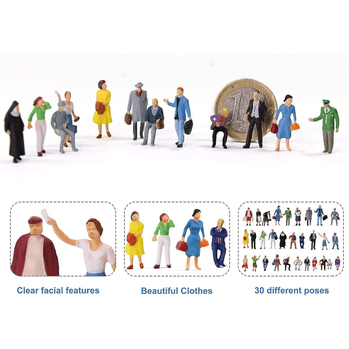 HO Scale 1:87 Standing Passengers Painted Figures for Model Train Layouts (30 Pieces)