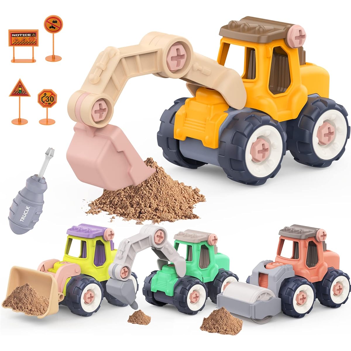Vcent Toy 8 Pack STEM Construction Sand Toys for Toddlers 3-5 Years Old, Boys Ages 3+, Excavator Beach Toys, Construction Vehicles, Easter Stuffers, Birthday Gifts