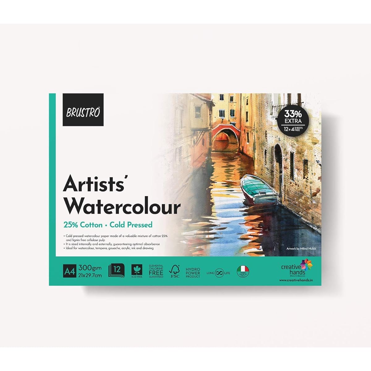 BRUSTRO Artist Watercolor Pad Cold Press 300 gsm 25% Cotton A4 - (12 + 4 Free Sheets) White