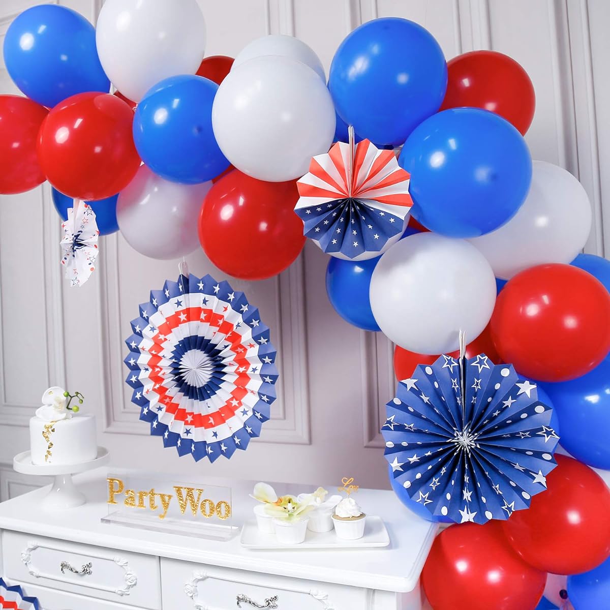 PartyWoo Red White Blue Balloons 66pcs 12inch Red Balloons White Balloons Royal Blue Balloons Paper Fans American Party Decorations Red White Blue Decorations American Party