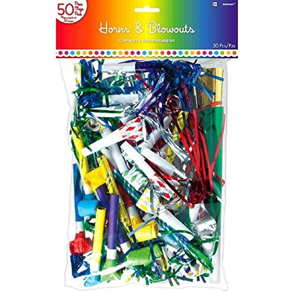 TradeMart Inc. Fun Rainbow Birthday Party Horns and Blowouts 50 Pack Multi 15" x 9 3/8" Plastic