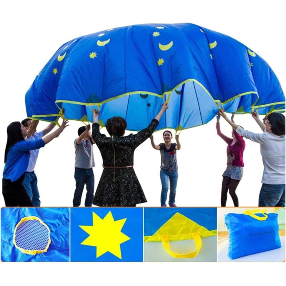Play Parachute, Diameter approx. 1.8m~5m, Star and Moon Paraballoon, Kindergarten, Nursery School, Sports Day, Reinforced Mesh Center (5m)