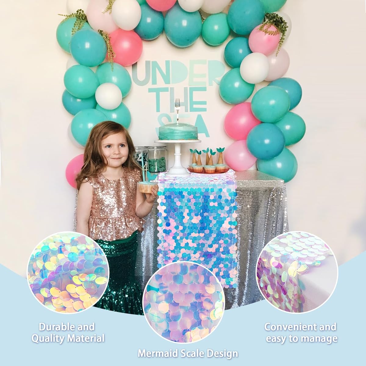 OQSC Mermaid Party Table Runner 6 Pieces 12 x 84 Inch Mermaid Tail Colorful Sequin Table Runner Mermaid Ocean Theme Series Party Decoration Glitter Table Runner