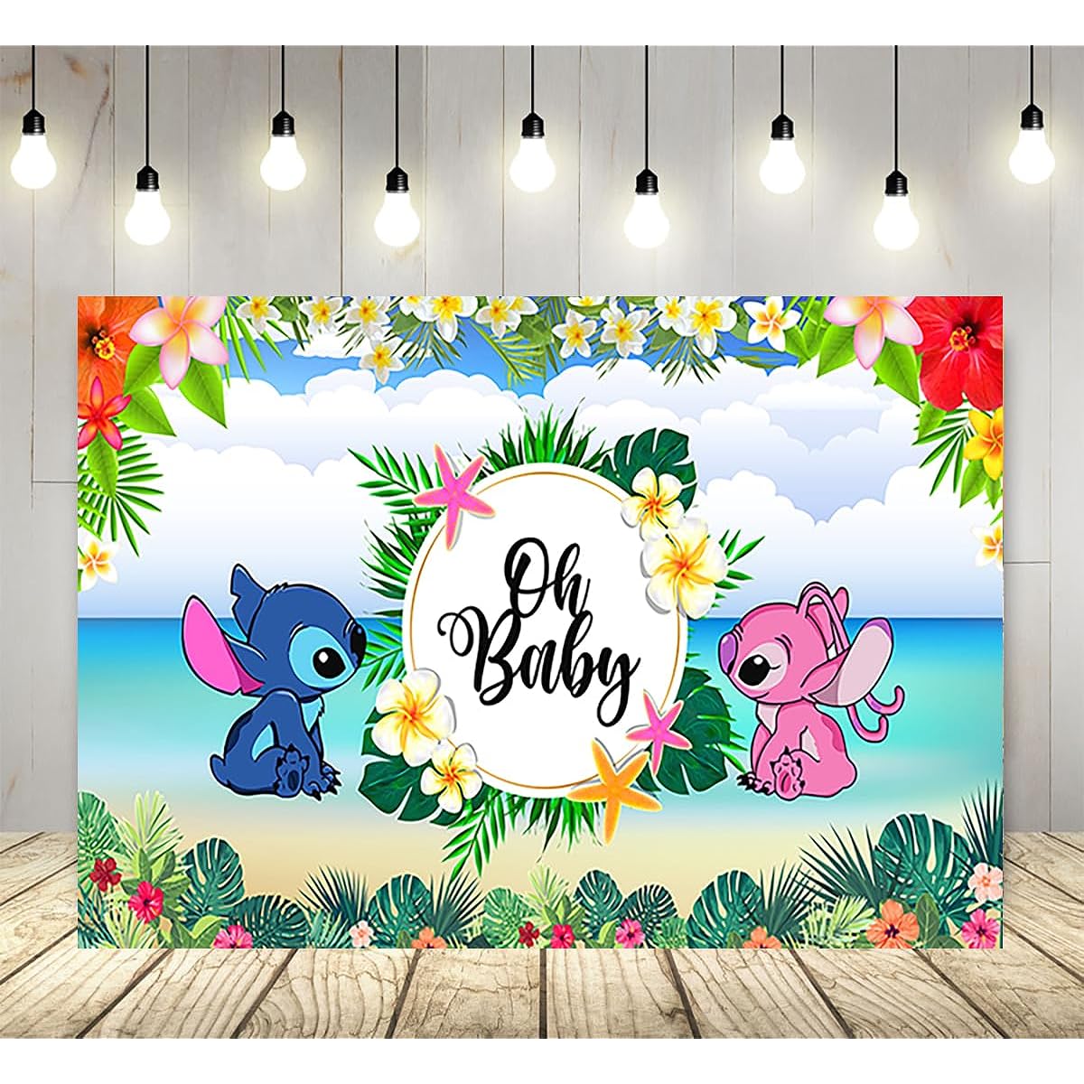 Stitch and Angel Gender Reveal Backdrop Summer Hawaii Oh Baby Shower Banner Party Decorations Supplies 5x3ft