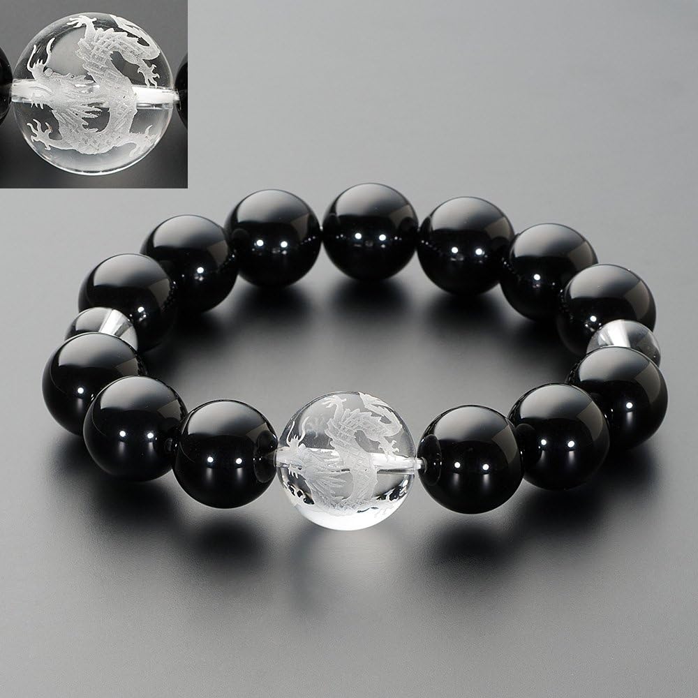 Buddhist Altar Shop Takita Shoten Specially Selected Bracelet Prayer Beads Natural Stone Bracelet Black Onyx Dragon Carved Crystal 14mm Beads Inner Circumference Approx. 18cm◆ Prayer Beads Bracelet, Dragon, Large Beads, Prayer Bracelet, Amulet, Charm [Ce