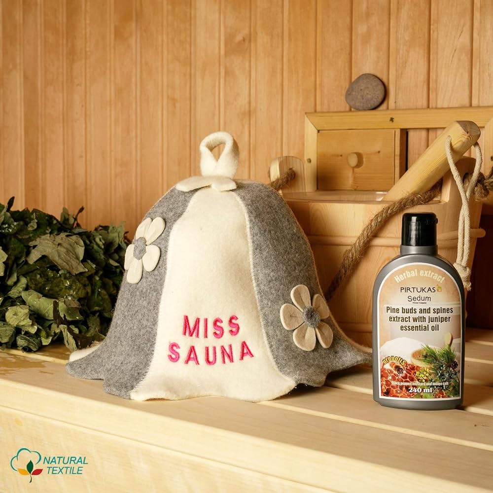 Natural Sauna Hat "Miss Sauna Grey/White" White/Gray 100% organic wool material makes you feel like you're in a Russian sauna - Protects your head from the heat - English about saunas Comes with an e-book guide – with embroidery