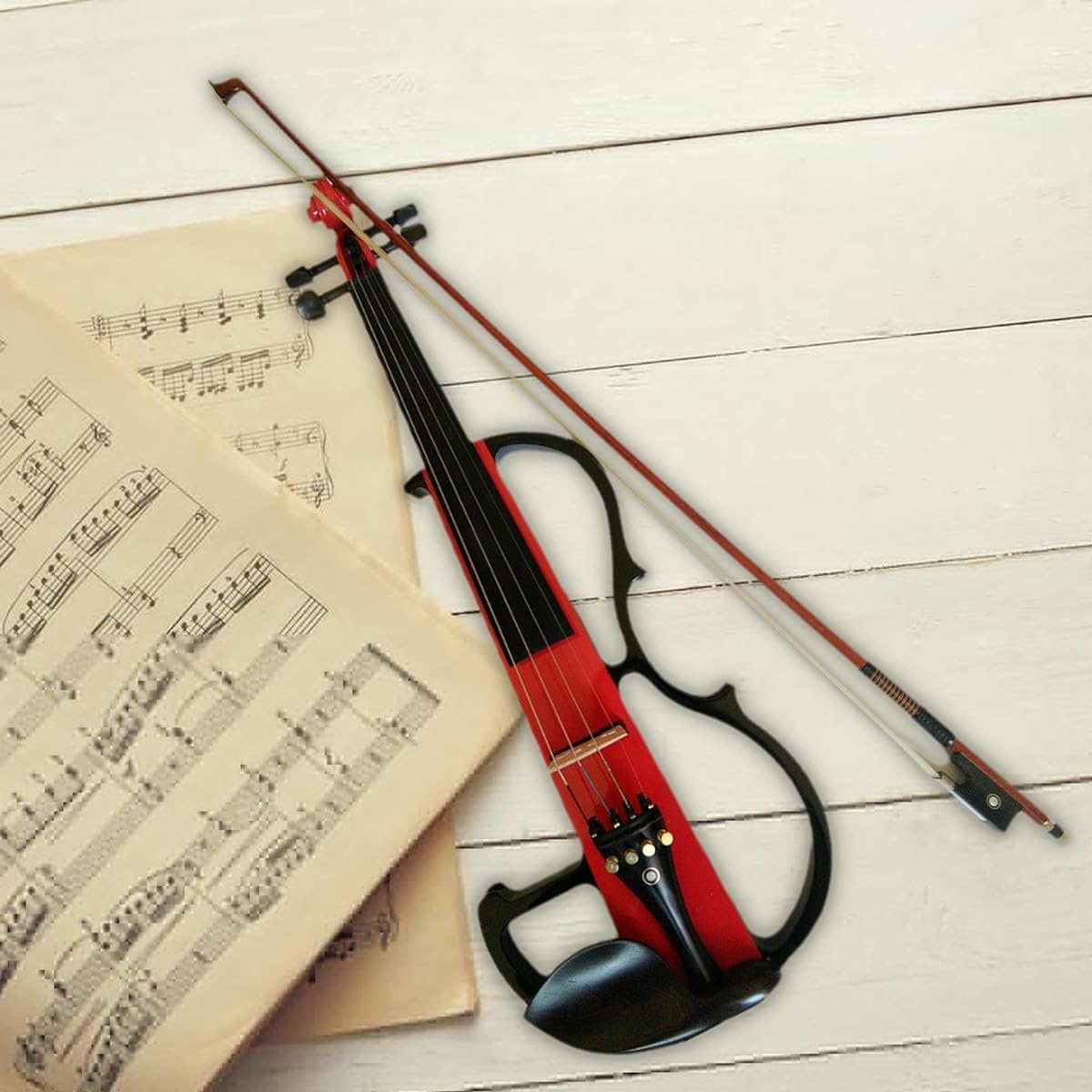 Kioware Electric Violin, Solid Wood Silent Electric Violin Instrument, 4/4 Size Violin Bow with Fittings for Beginners, Red