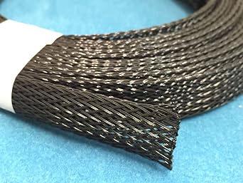 Polyester braided sleeve for cable covering Inner diameter (normal): approx. 5.5φ ~ (enlarged): approx. 16φ Folding width: 11mm 5M roll