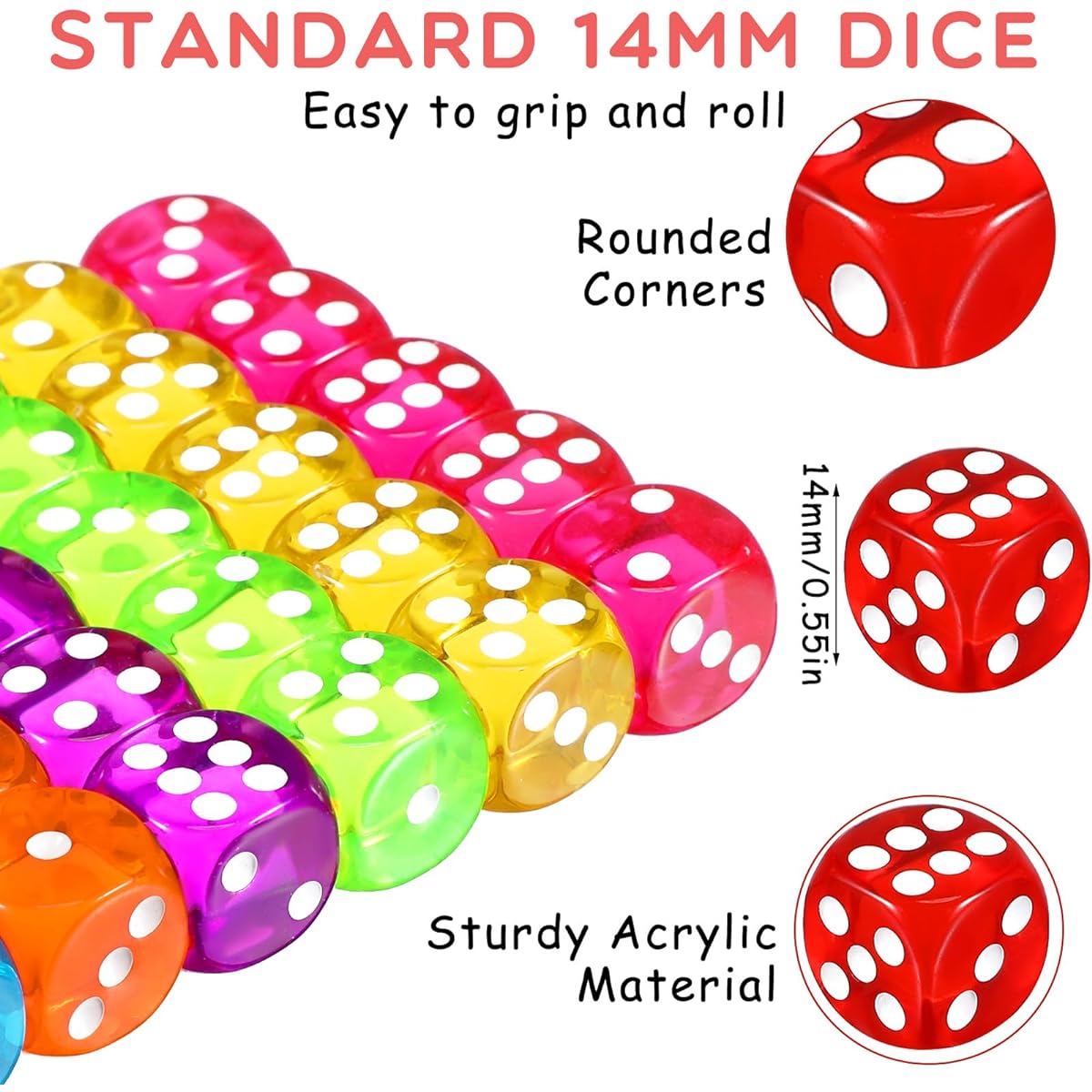 Syhood 500pcs 14mm Color Dice Bulk Dice 6 Side Dice Set with 5 Drawstring Pouches Standard Game Dice for Classroom/Education/Math/Learning Board/Dice Game 10 Colors, 0.55 inch