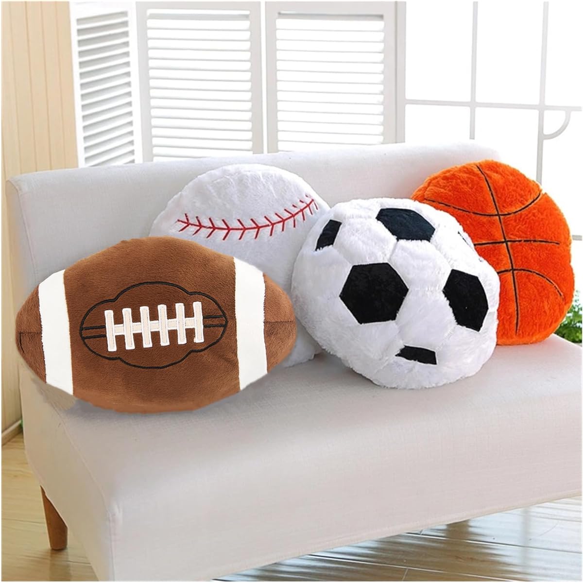 4pcs Sports Throw Pillows Fluffy Soccer Ball Plush Pillow Baseball Throw Pillow Soft Basketball Plush Pillow Football Shaped Stuffed Animal Sports Theme Cushion for Kids Room Decor