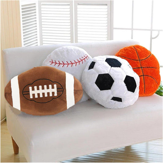 4pcs Sports Throw Pillows Fluffy Soccer Ball Plush Pillow Baseball Throw Pillow Soft Basketball Plush Pillow Football Shaped Stuffed Animal Sports Theme Cushion for Kids Room Decor