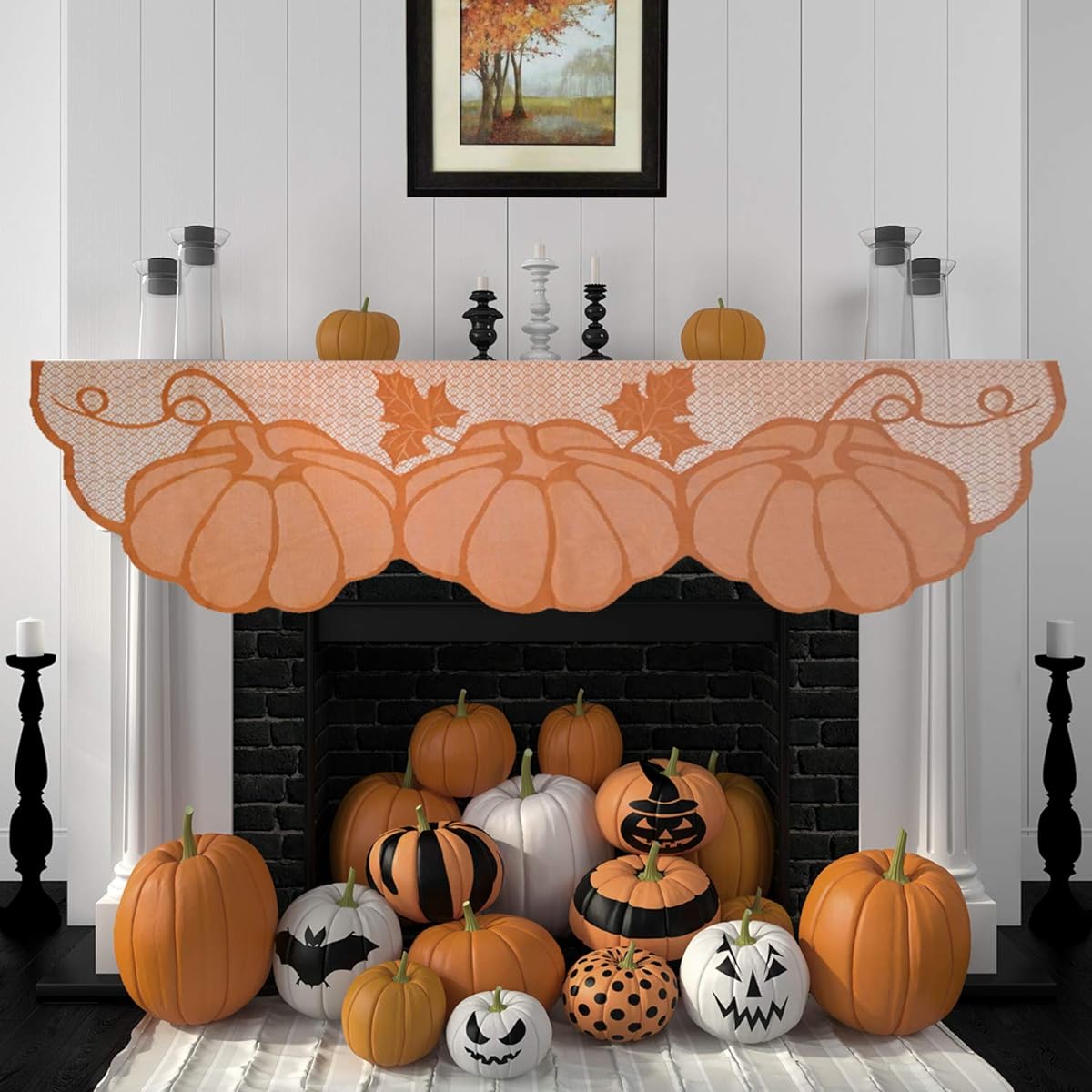 Thanksgiving Mantle Scarf for Fireplace Decoration - Lace Mantel Cover Runner Fall Home Living Room - Fall Harvest Maple Leaf Pumpkin Decorations Indoor