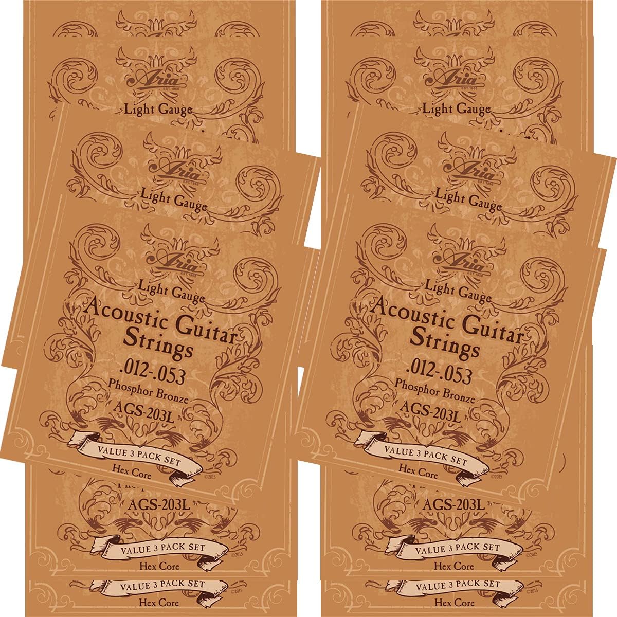Aria Acoustic Guitar Phosphor Bronze Strings 3Set Pack (AGS-203XL Extra Light, 12 sets)