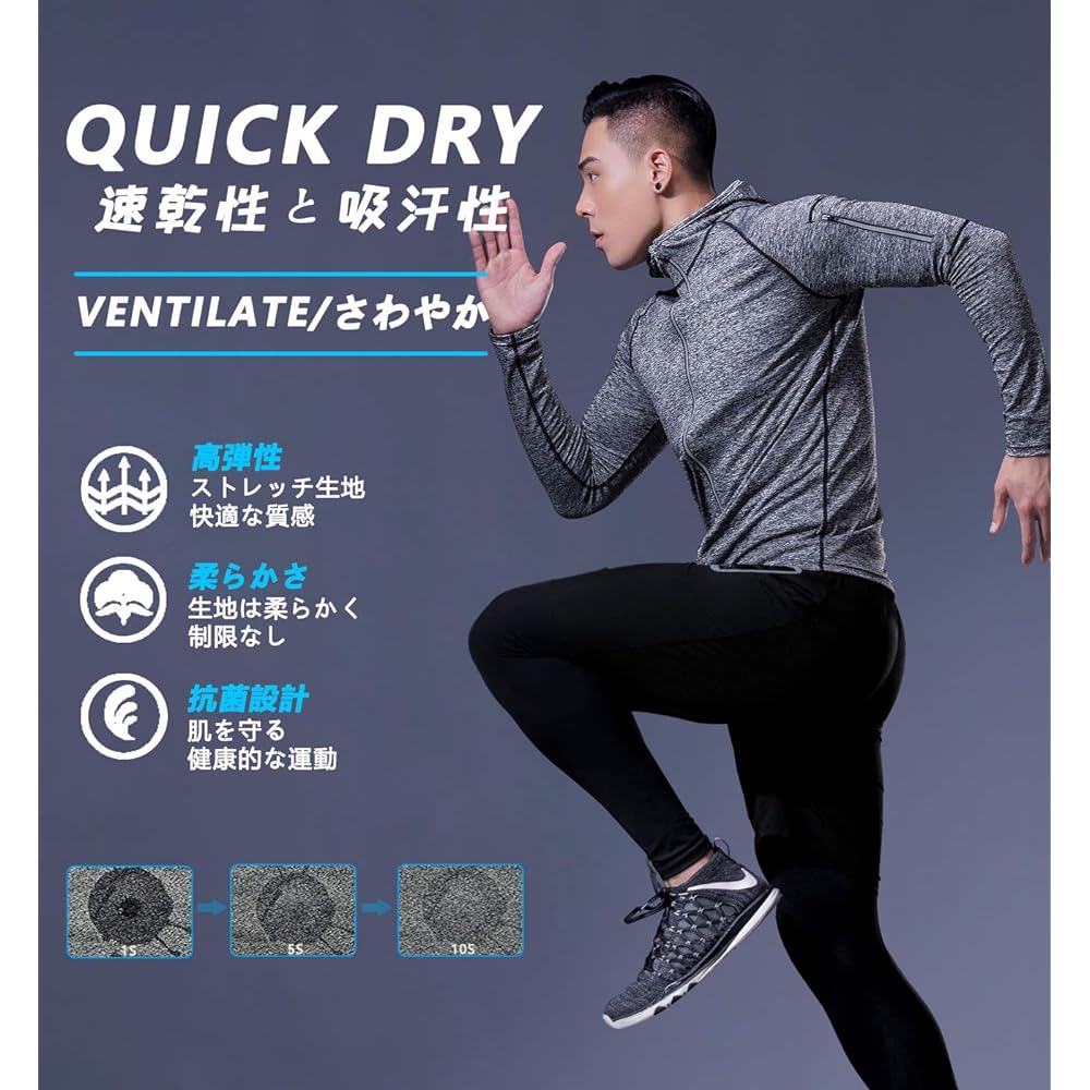 [Amyni] Men's Running Wear Set Compression Wear Men's Sports Parka Training Wear Long Sleeve Short Sleeve Compression Inner Half Pants Tights 5 Piece Set Black [XXL Size] Recommended Height 175-180cm; Recommended Weight 80kg-85kg