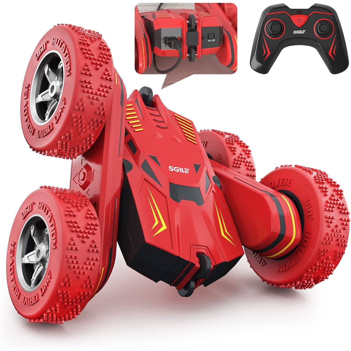 SGILE RC Stunt Car Toy Gift 4WD Remote Control Car Double Sided 360 Degree Rotation RC Car for Kids Girls Boys Age 6 7 8 12 Red